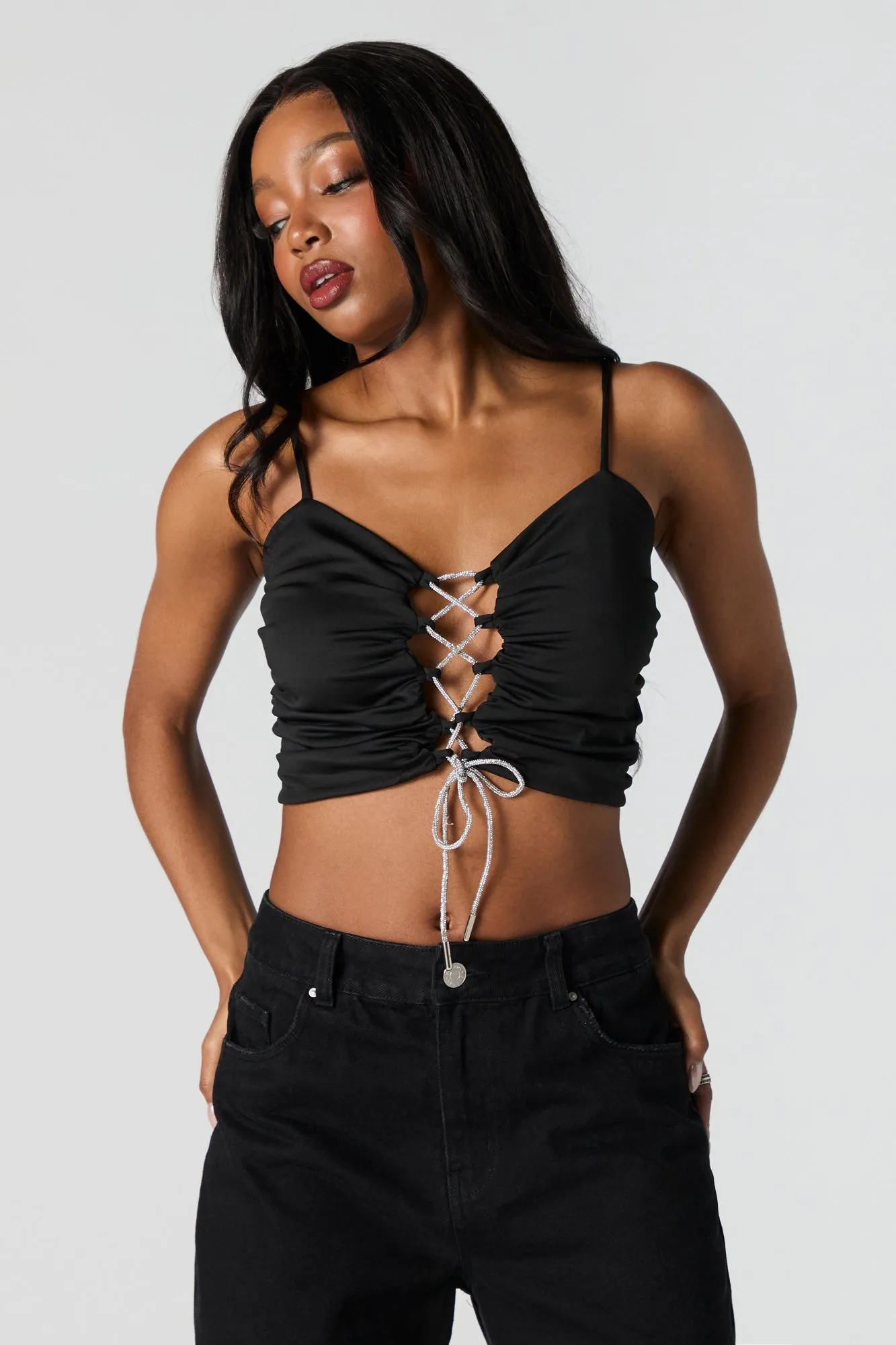 Rhinestone Lace Up Cropped Tank sold by Urban Planet