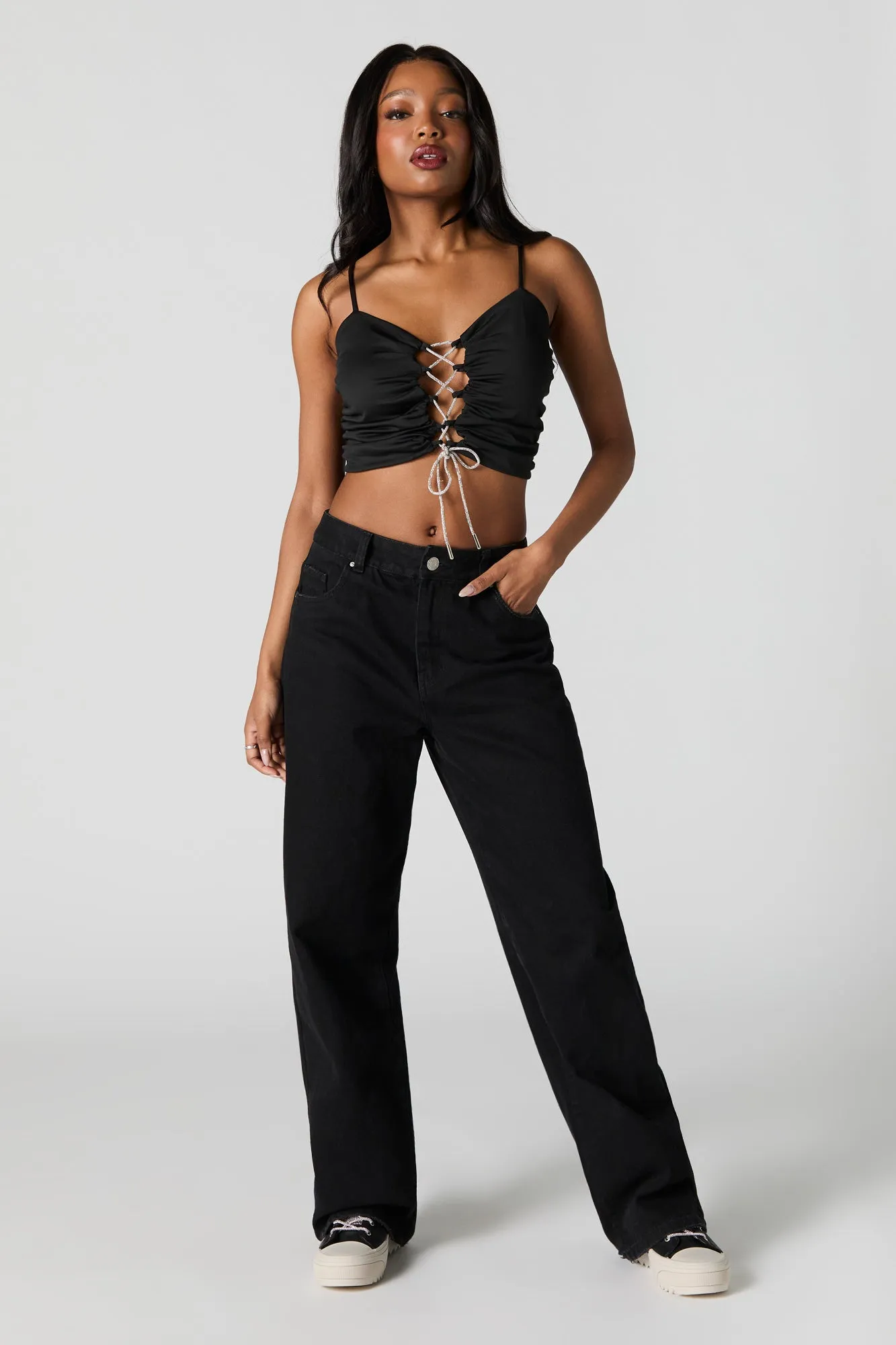 Rhinestone Lace Up Cropped Tank sold by Urban Planet product image thumbnail 3