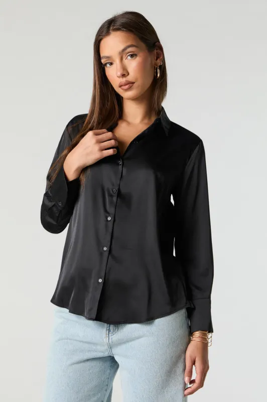 Satin Button-Up Long Sleeve Top sold by Urban Planet
