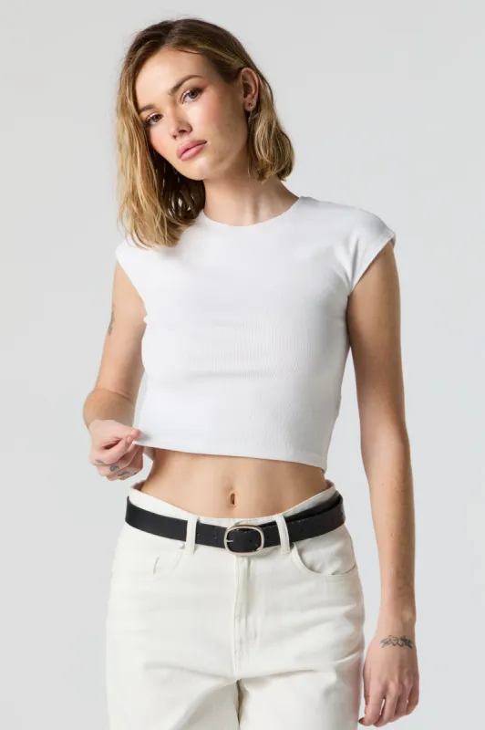 White Ribbed Cap Sleeve Crop Top sold by Urban Planet