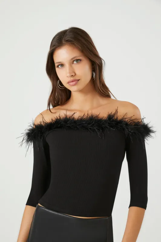 Faux Feather Off Shoulder Top sold by Urban Planet