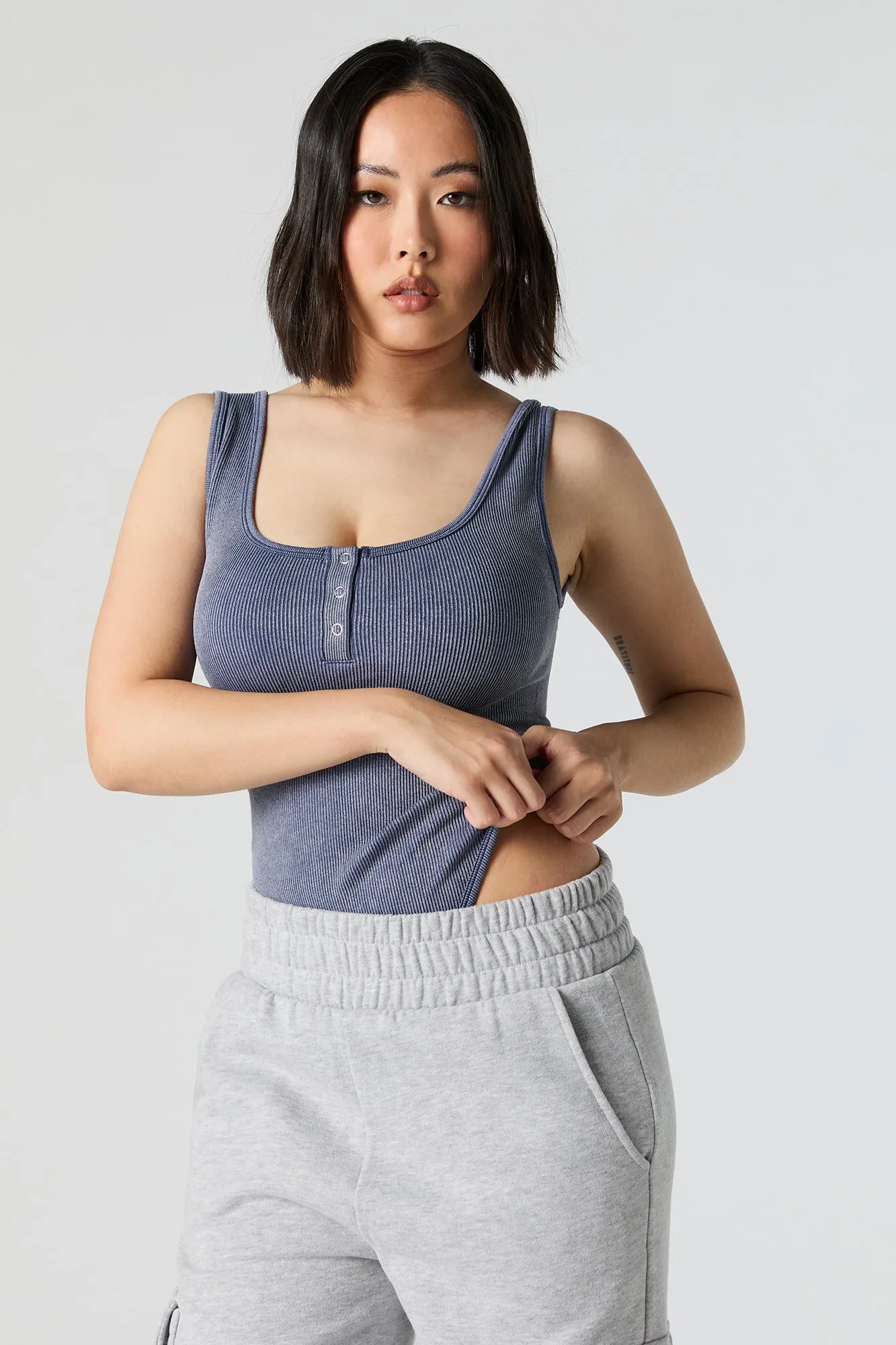 Ribbed Washed Henley Tank Bodysuit sold by Urban Planet product image thumbnail 2