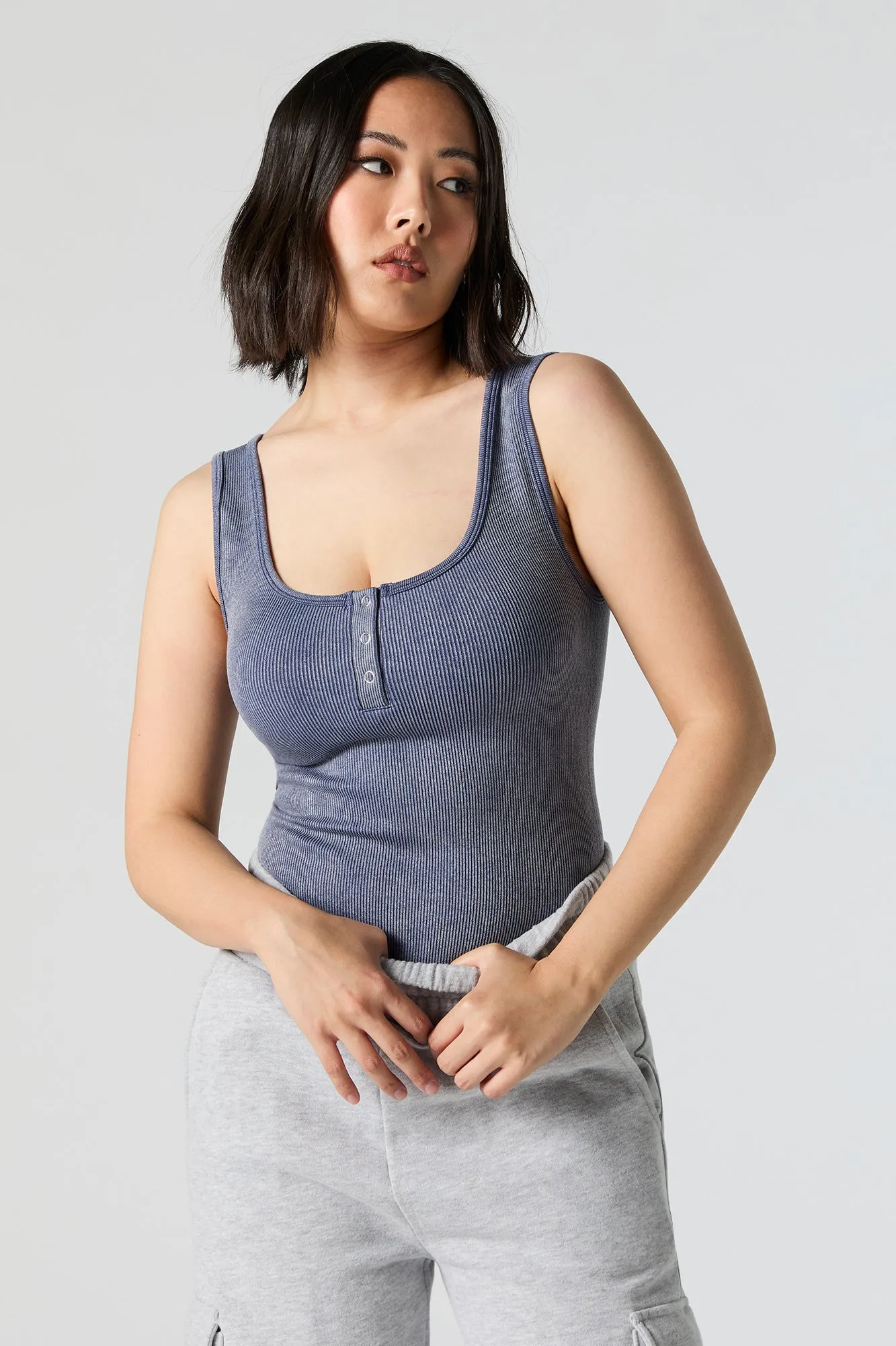 Ribbed Washed Henley Tank Bodysuit sold by Urban Planet