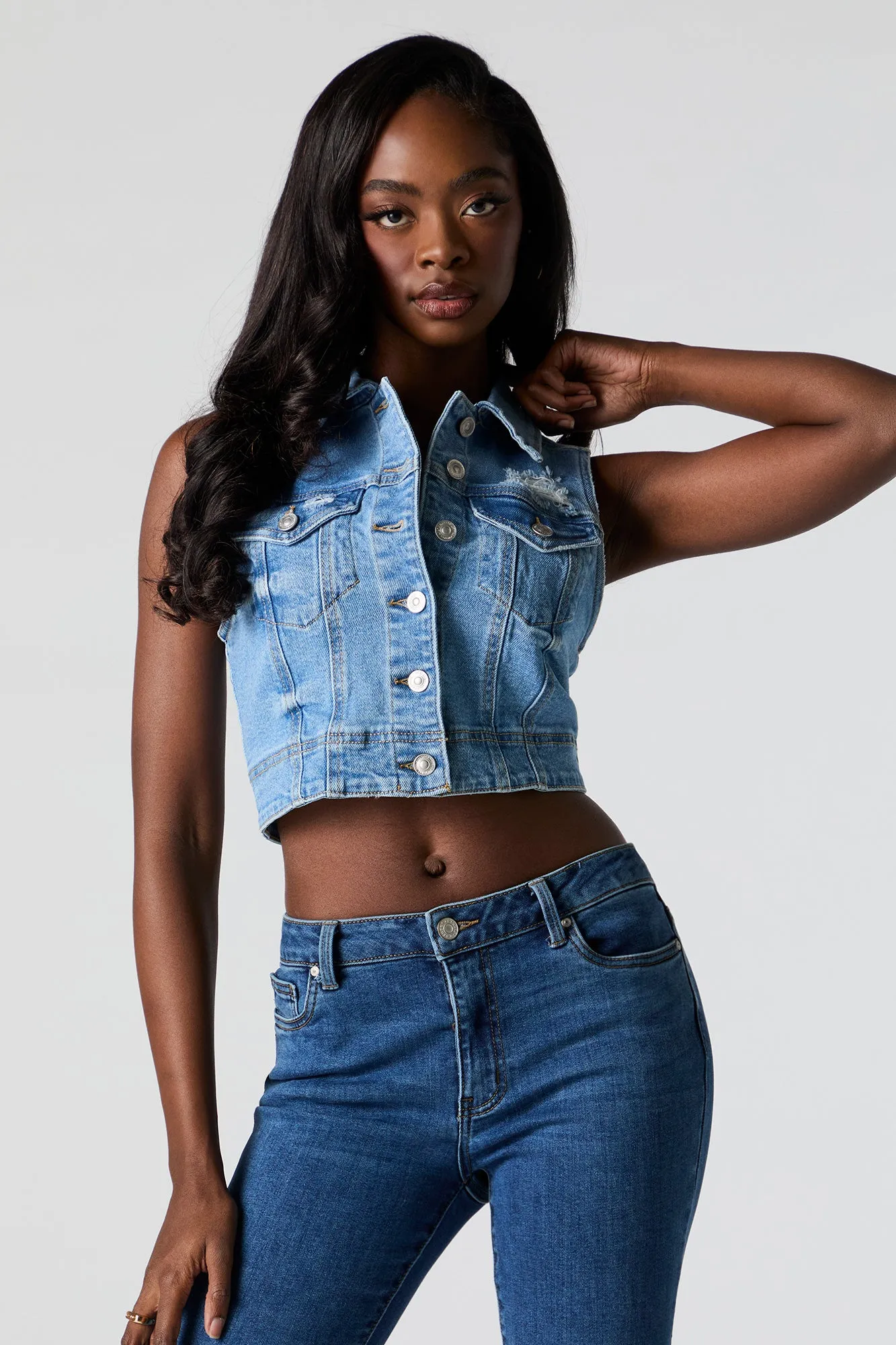Boxy Cropped Distressed Denim Vest sold by Urban Planet product image thumbnail 5