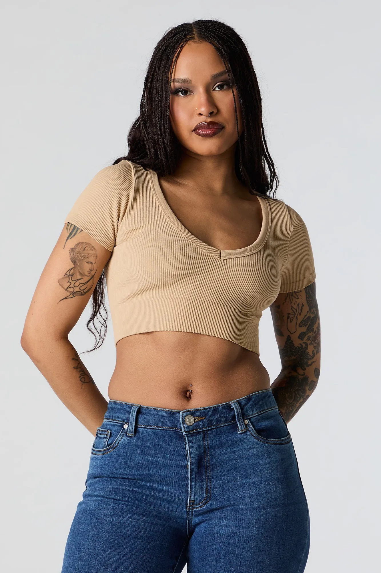Seamless Deep V-Neck Short Sleeve Crop Top sold by Urban Planet