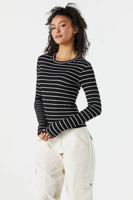 Striped Ribbed Crewneck Long Sleeve Skimmer Top sold by Urban Planet
