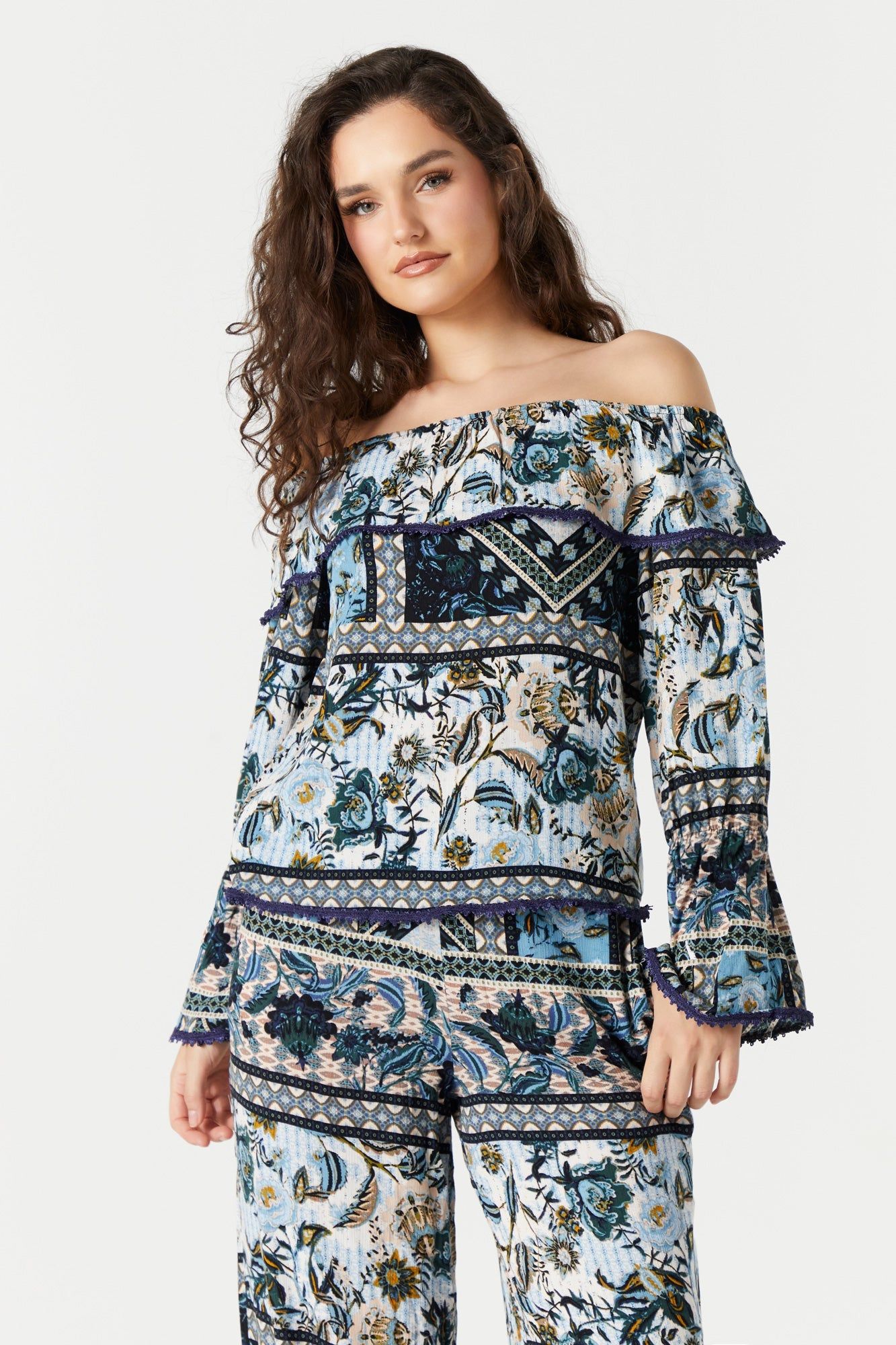 Printed Off Shoulder Ruffle Top sold by Urban Planet