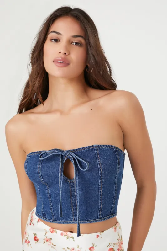 Denim Tie Front Tube Top sold by Urban Planet