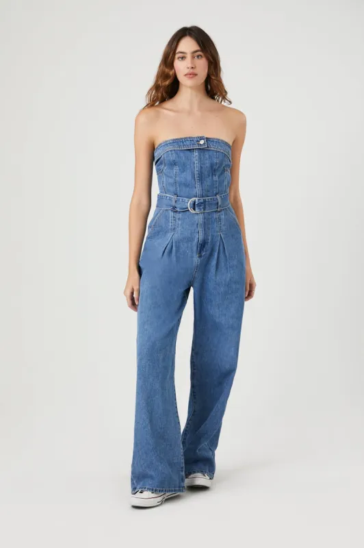 Belted Denim Tube Jumpsuit sold by Urban Planet