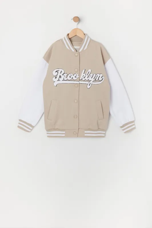 Girls Brooklyn Chenille Embroidered Varsity Jacket sold by Urban Planet