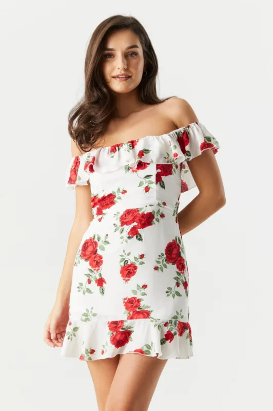 White and Red Floral Off Shoulder Dress sold by Urban Planet