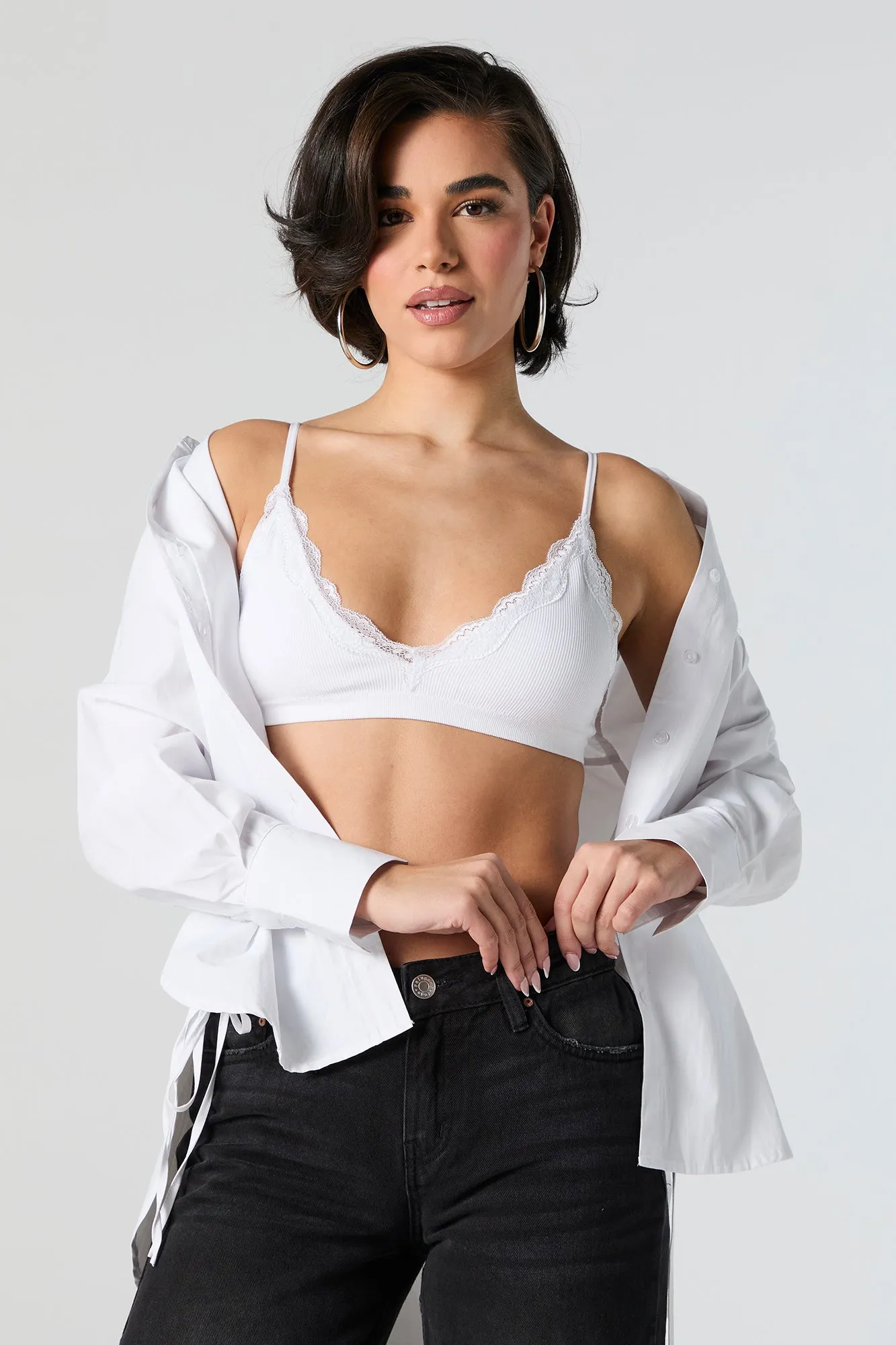 Ribbed V-Neck Lace Trim Bralette sold by Urban Planet product image thumbnail 5