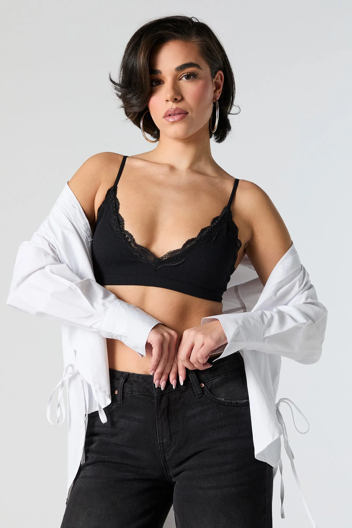 Ribbed V-Neck Lace Trim Bralette sold by Urban Planet product image thumbnail 2