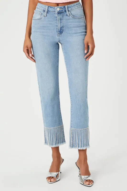 Jean écourté avec franges et pierres du Rhin sold by Urban Planet
