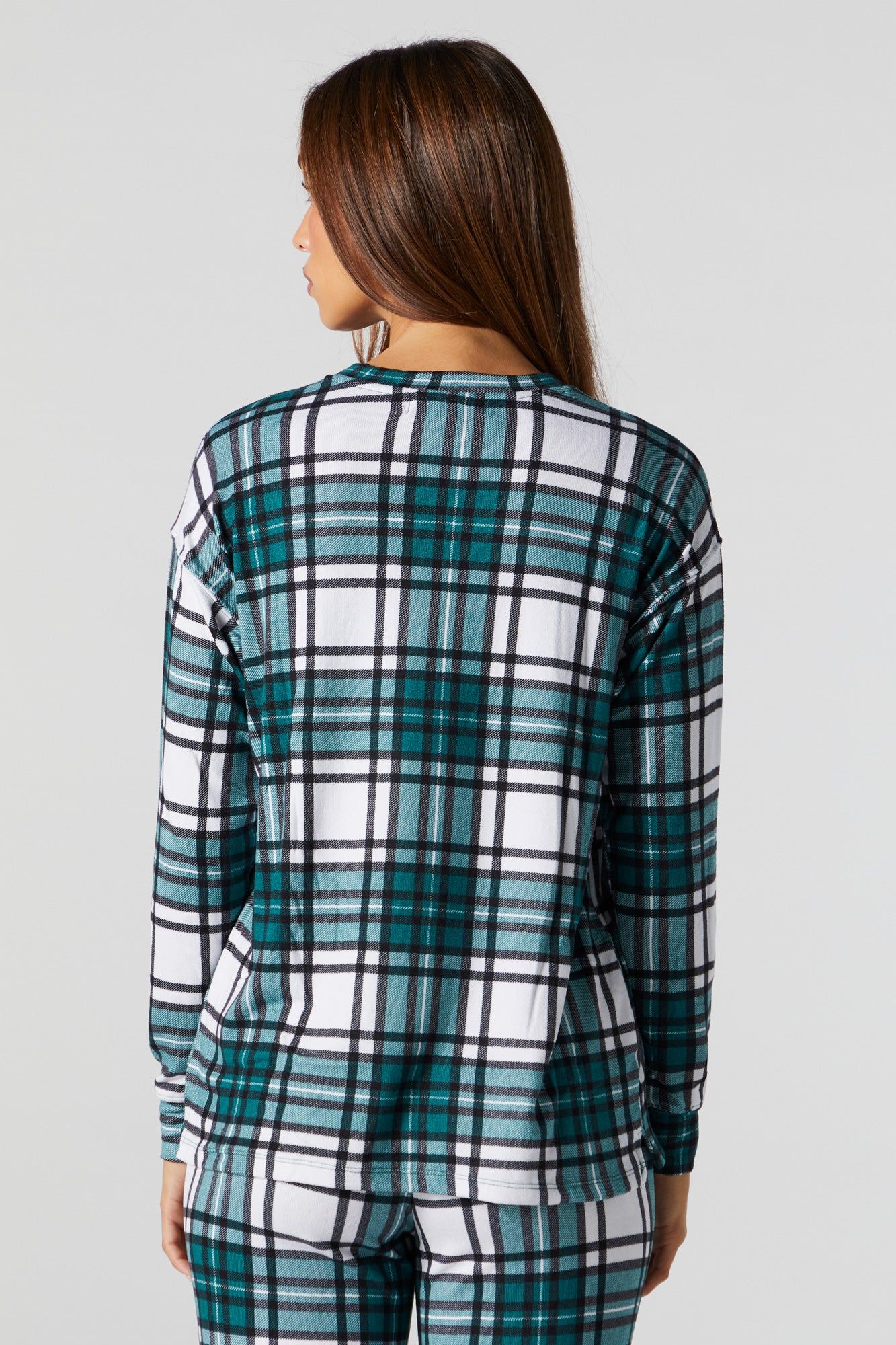 Green Plaid Print 2 Piece Holiday Pajama Set sold by Urban Planet product image thumbnail 3