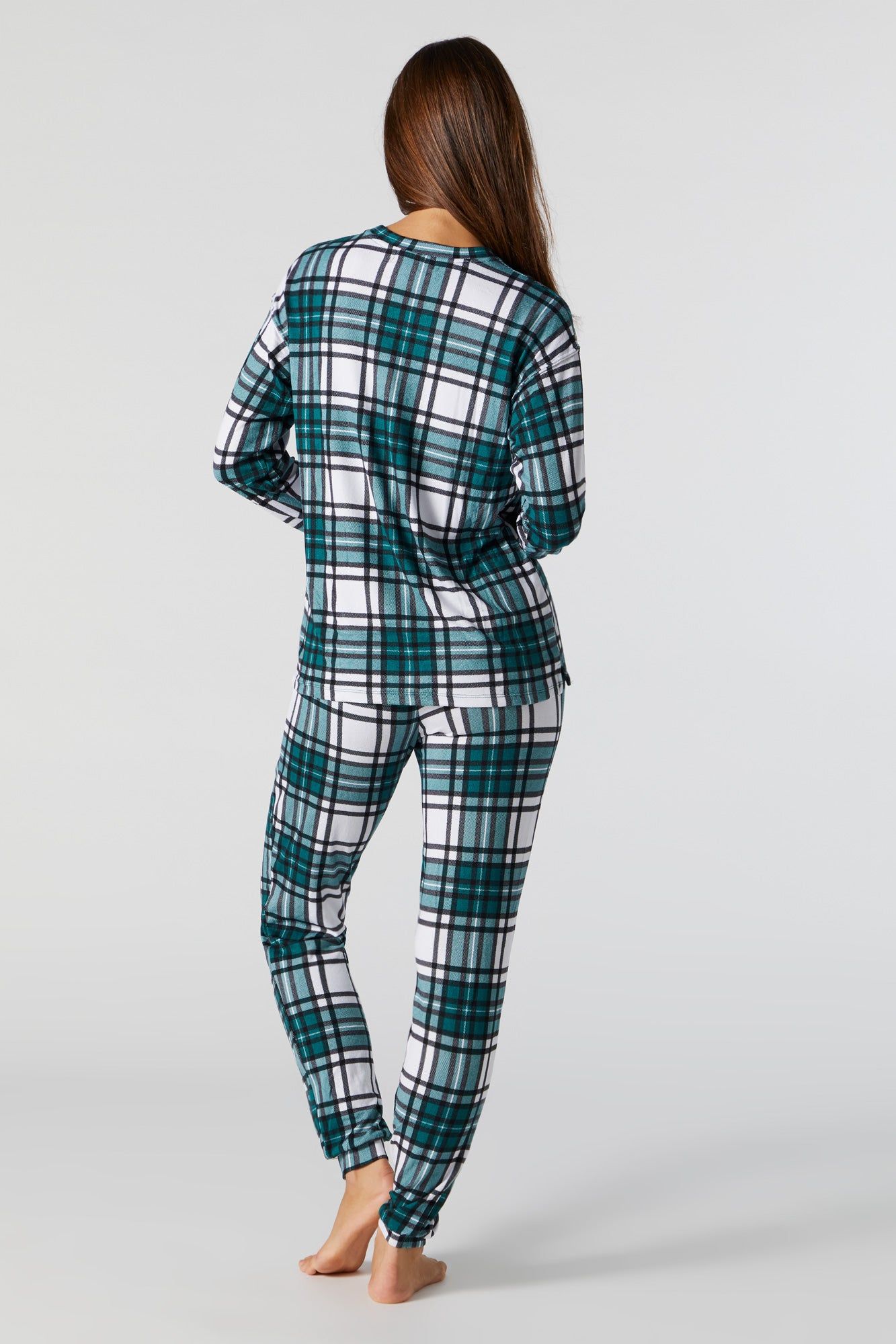 Green Plaid Print 2 Piece Holiday Pajama Set sold by Urban Planet product image thumbnail 5