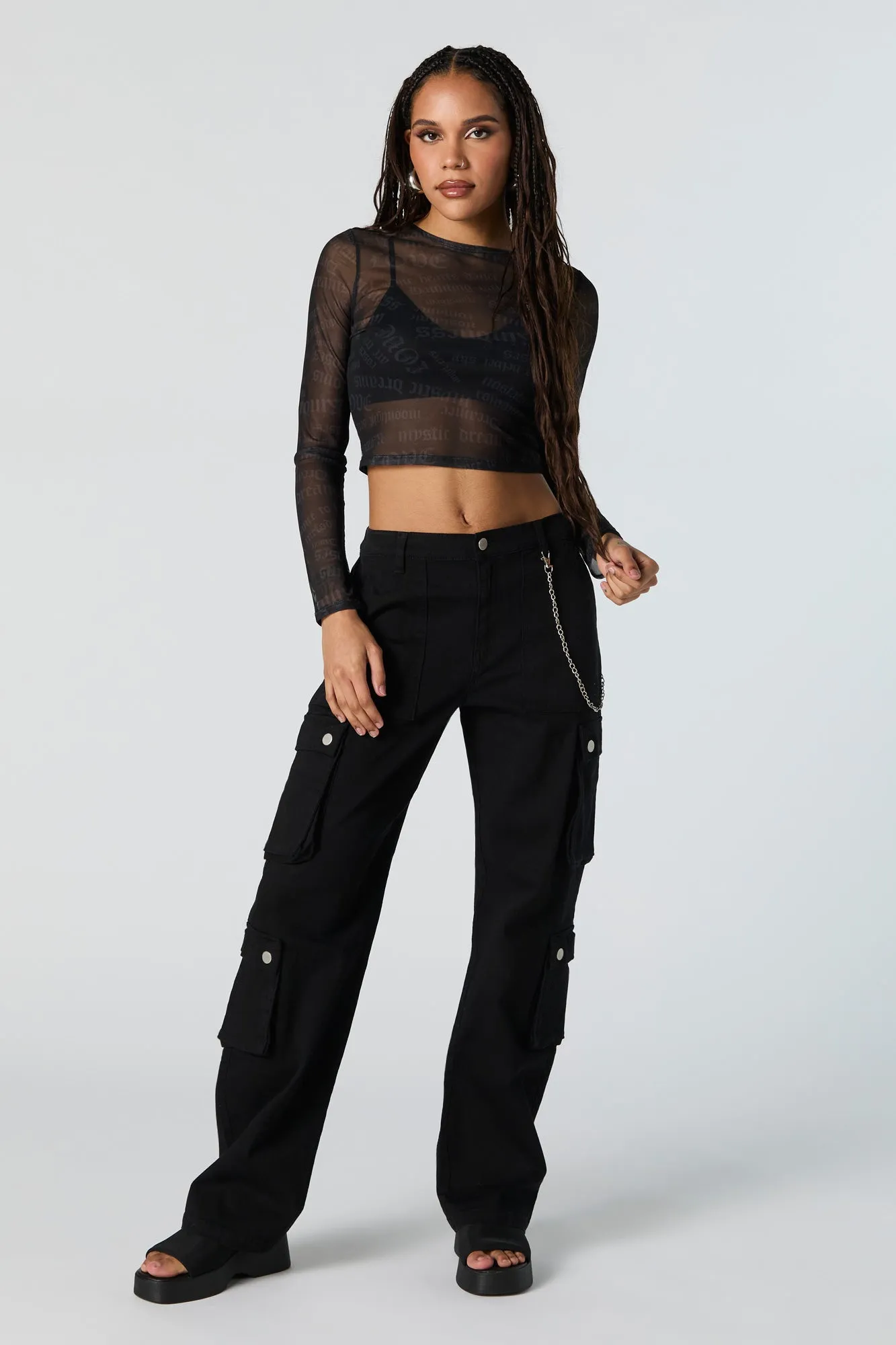 Script Print Mesh Long Sleeve Crop Top sold by Urban Planet product image thumbnail 3