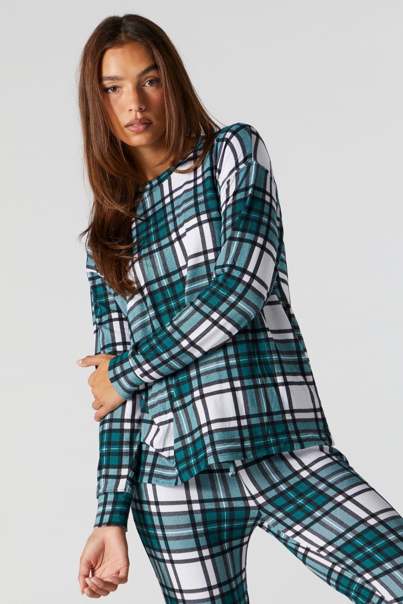 Green Plaid Print 2 Piece Holiday Pajama Set sold by Urban Planet product image thumbnail 2