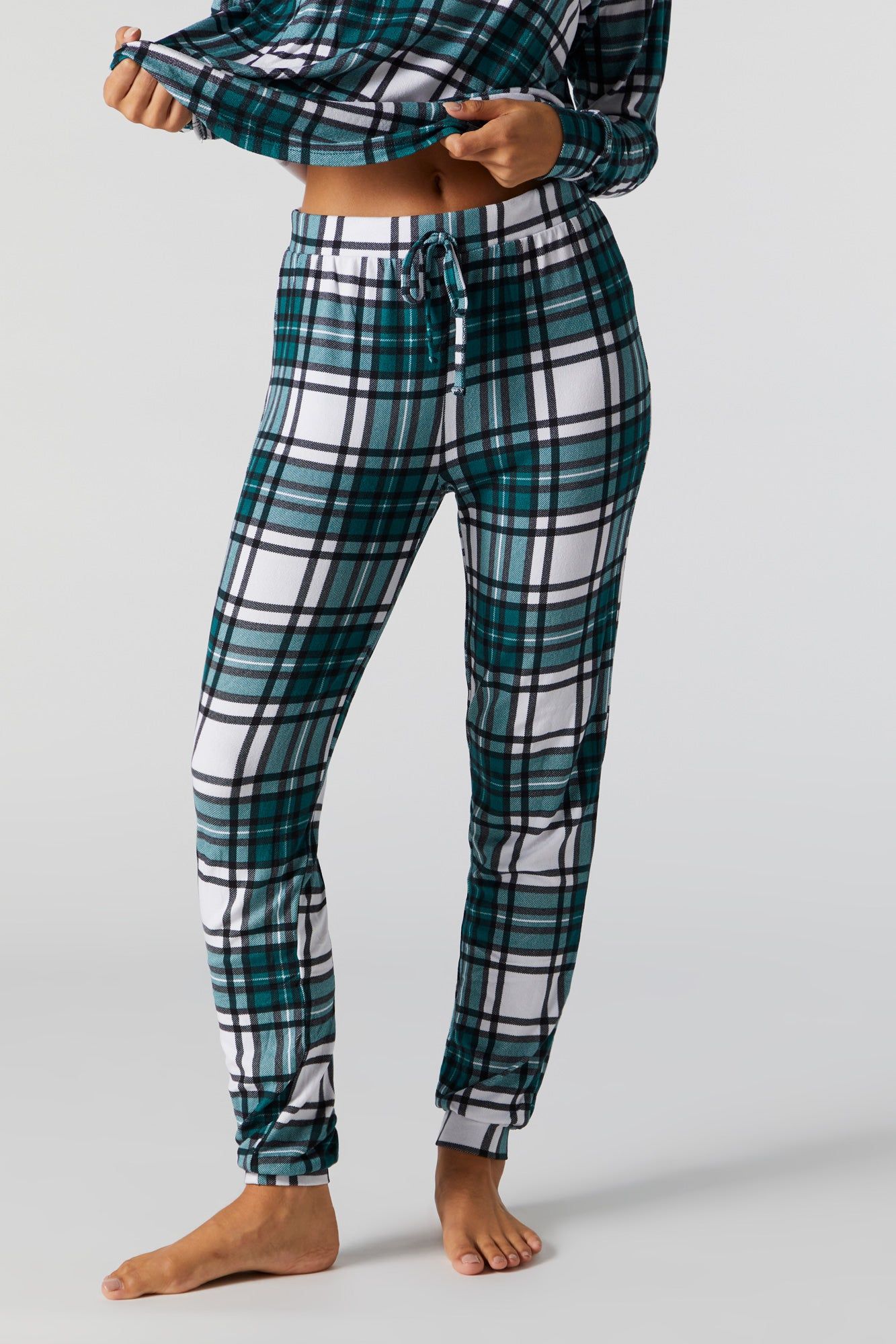 Green Plaid Print 2 Piece Holiday Pajama Set sold by Urban Planet product image thumbnail 4