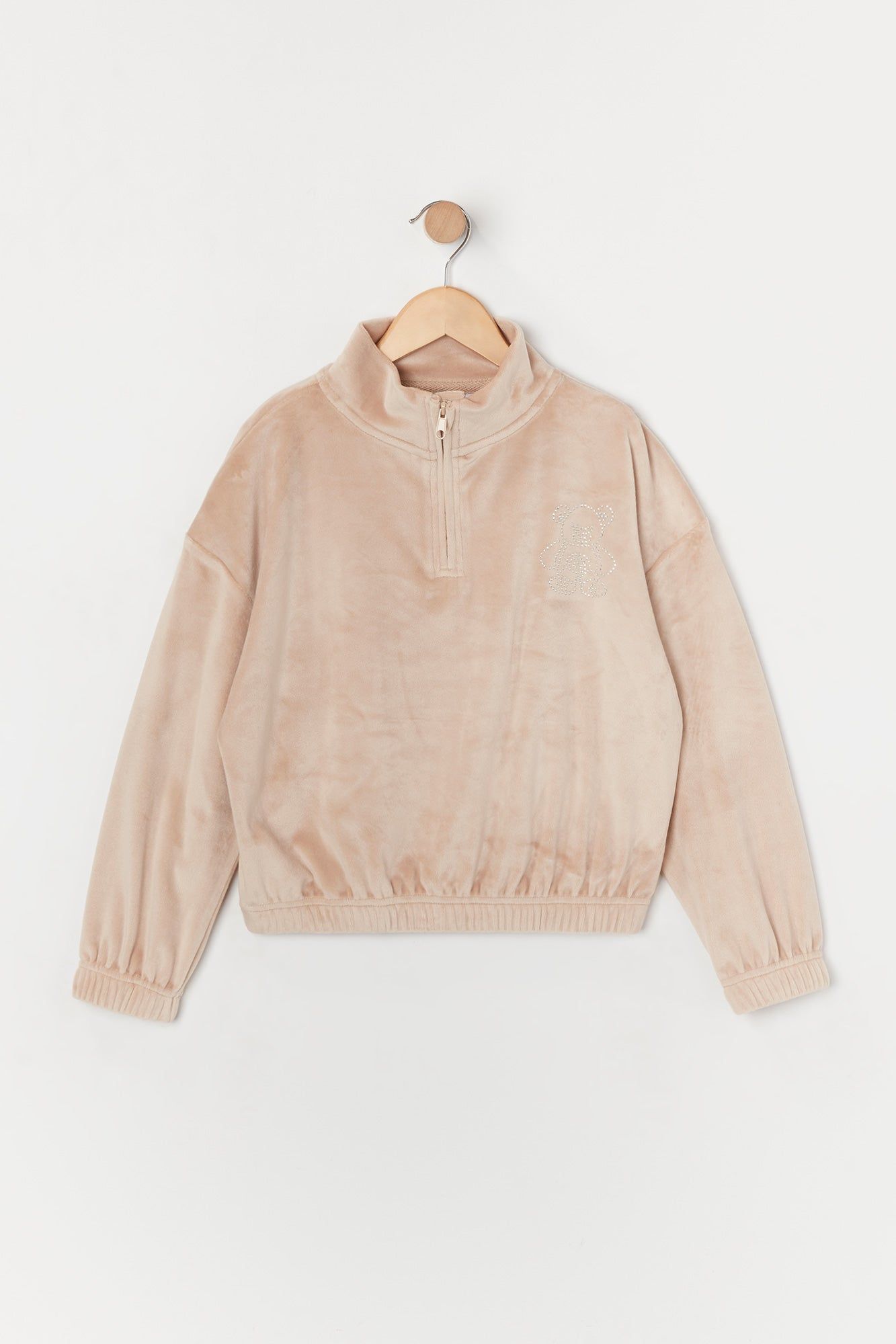 Girls Rhinestone Teddy Velour Half Zip Sweatshirt sold by Urban Planet