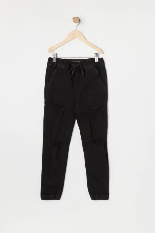 Boys Black Wash Distressed Denim Jogger sold by Urban Planet