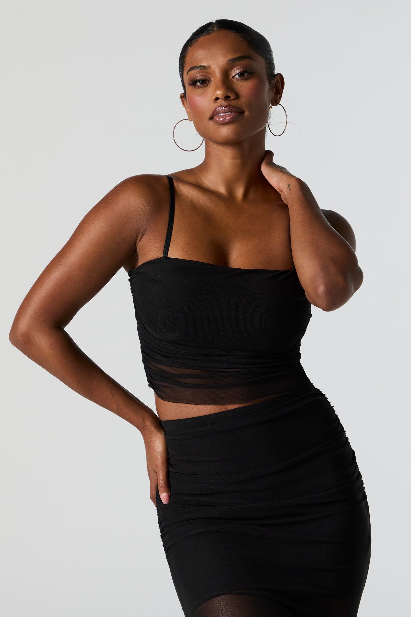 Black Mesh Ruched Cropped Tank sold by Urban Planet