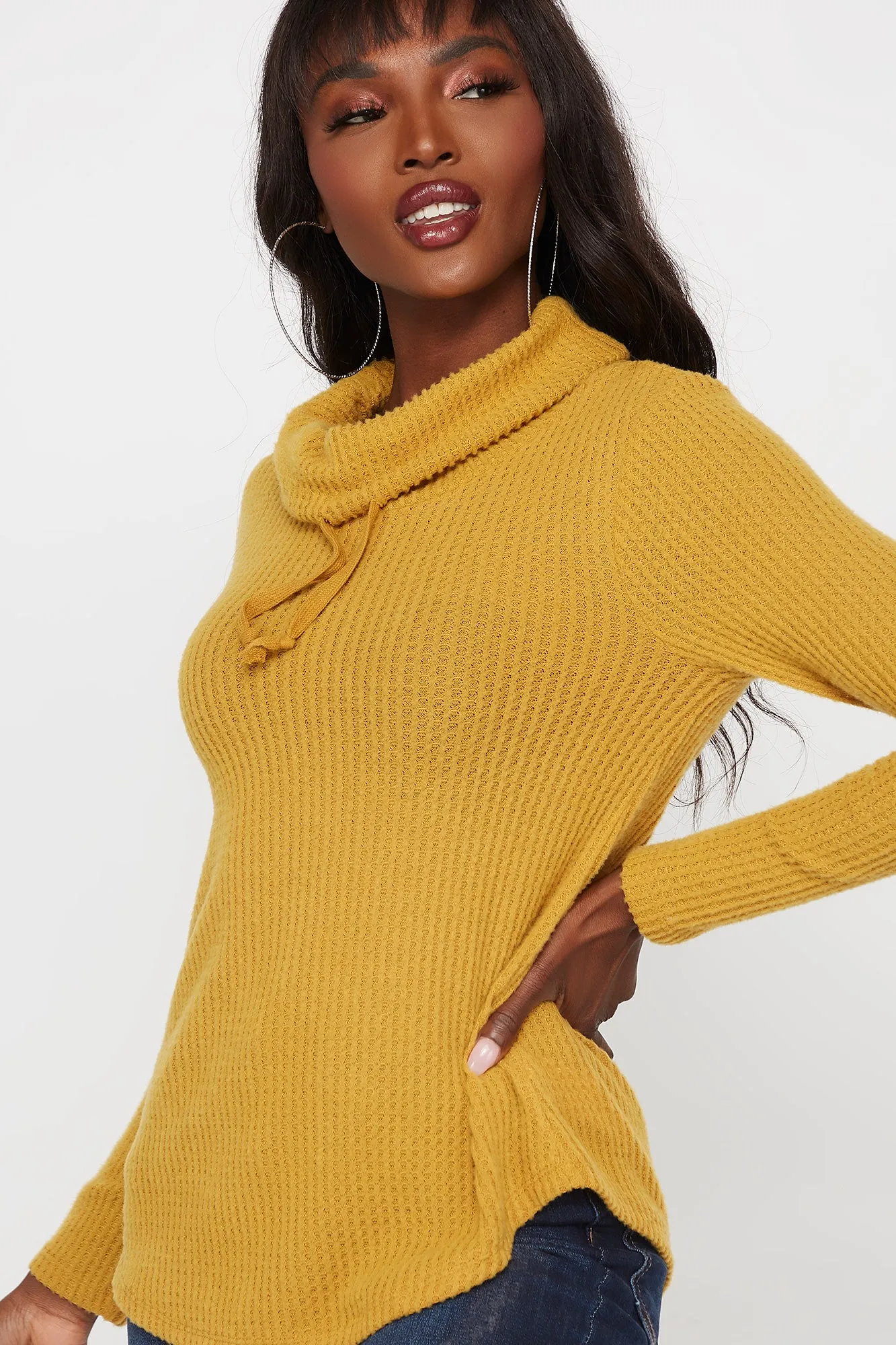 Waffle Knit Cowl Neck Drawstring Pullover Top sold by Urban Planet product image thumbnail 5