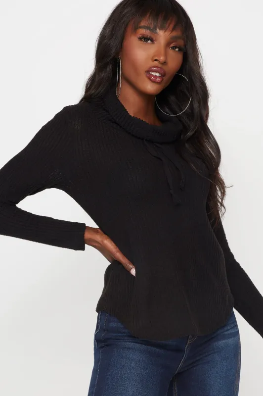 Waffle Knit Cowl Neck Drawstring Pullover Top sold by Urban Planet