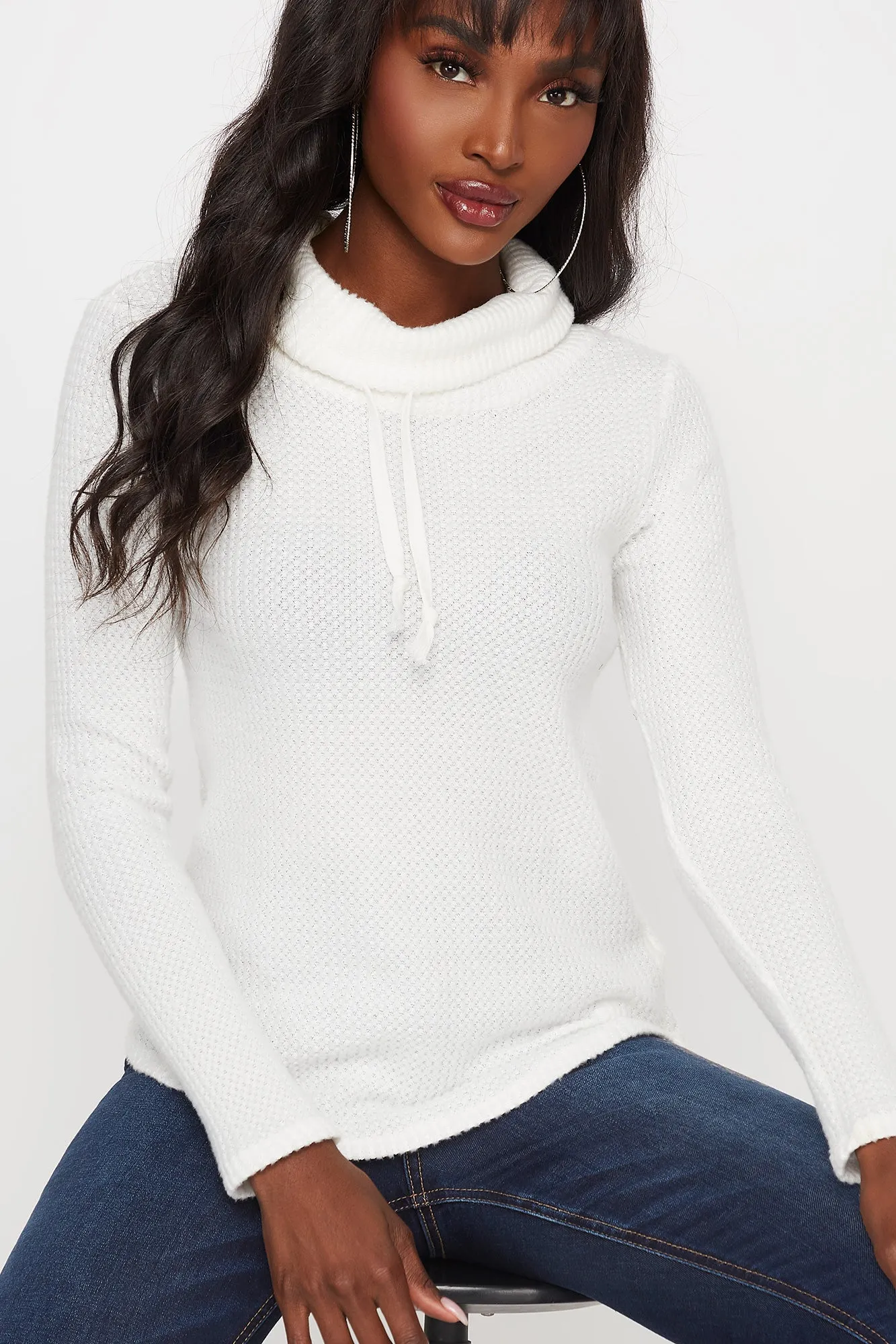 Waffle Knit Cowl Neck Drawstring Pullover Top sold by Urban Planet product image thumbnail 3