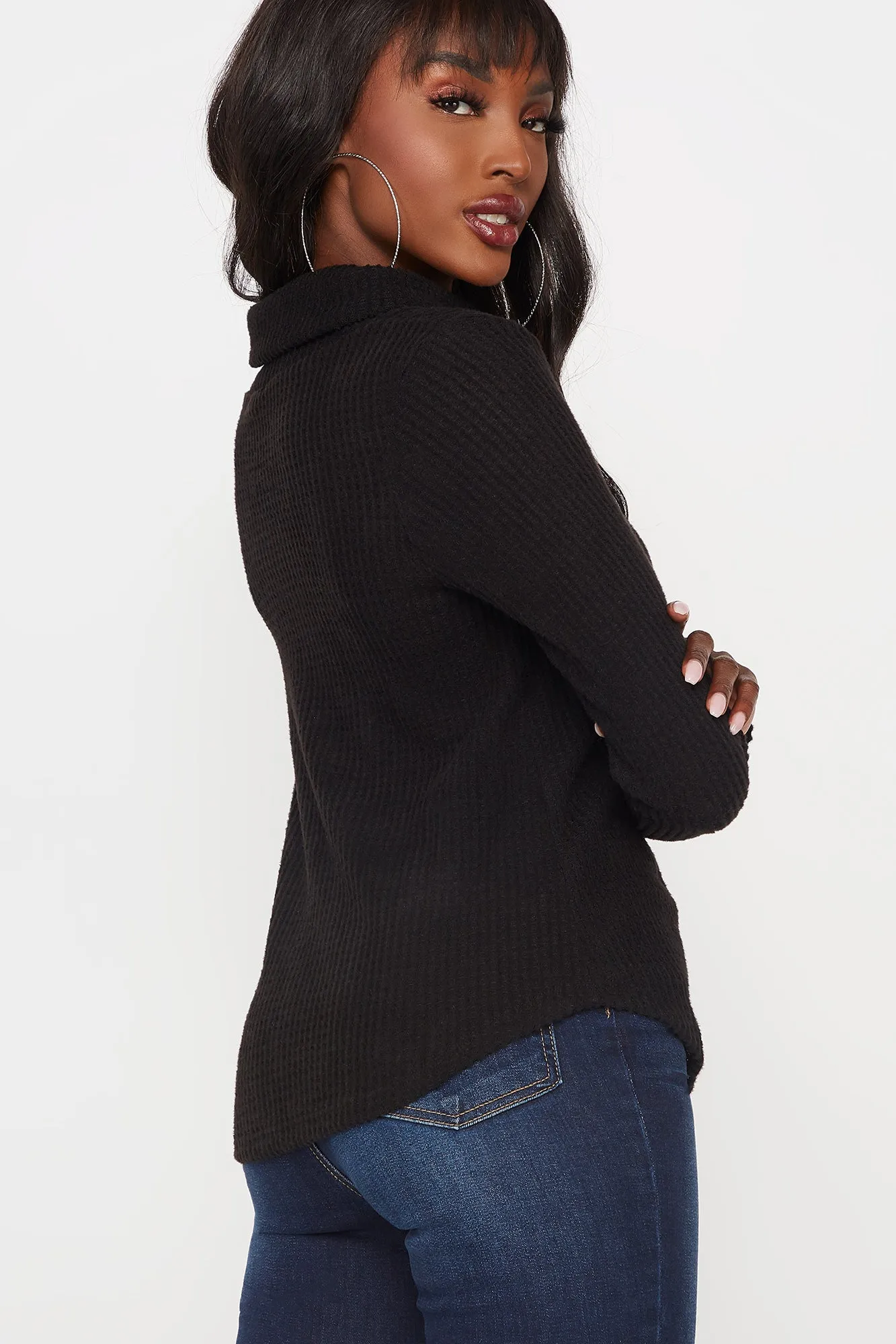 Waffle Knit Cowl Neck Drawstring Pullover Top sold by Urban Planet product image thumbnail 2