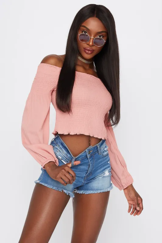Off The Shoulder Smocked Long Sleeve Top sold by Urban Planet