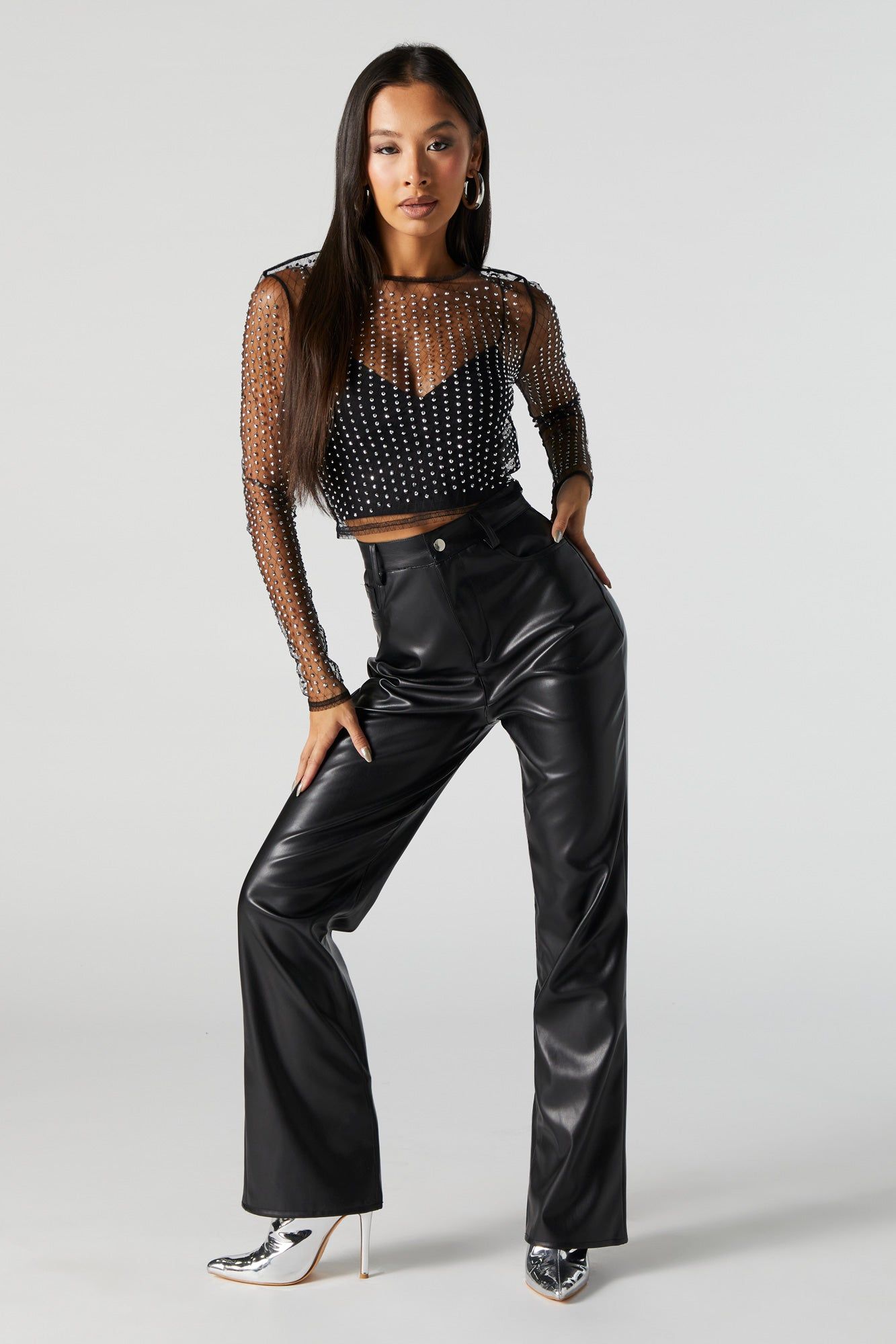 Black Rhinestone Mesh Long Sleeve Top sold by Urban Planet product image thumbnail 4