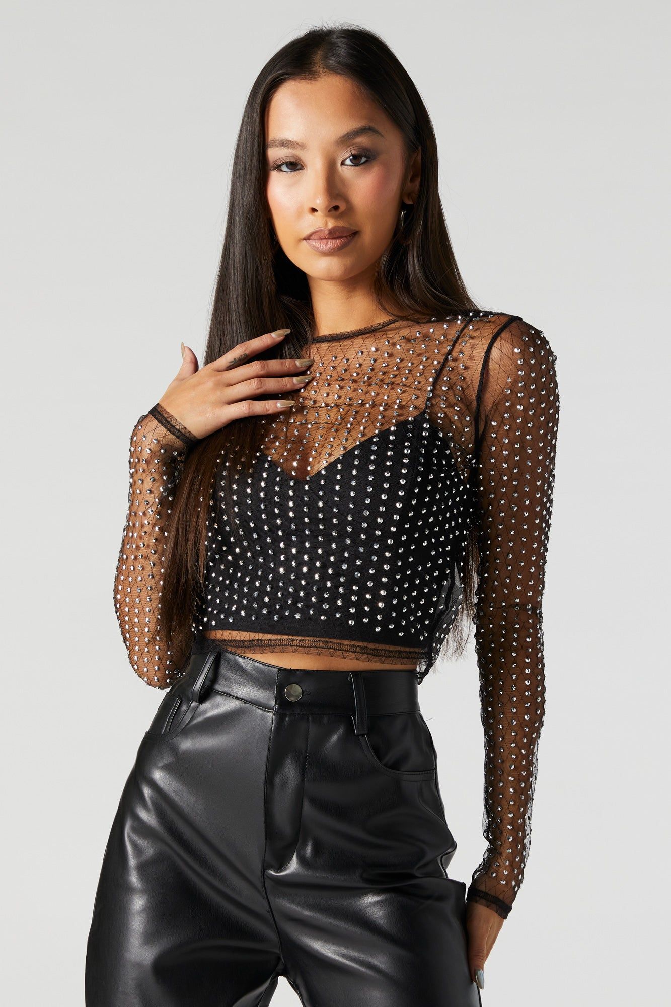 Black Rhinestone Mesh Long Sleeve Top sold by Urban Planet product image thumbnail 2