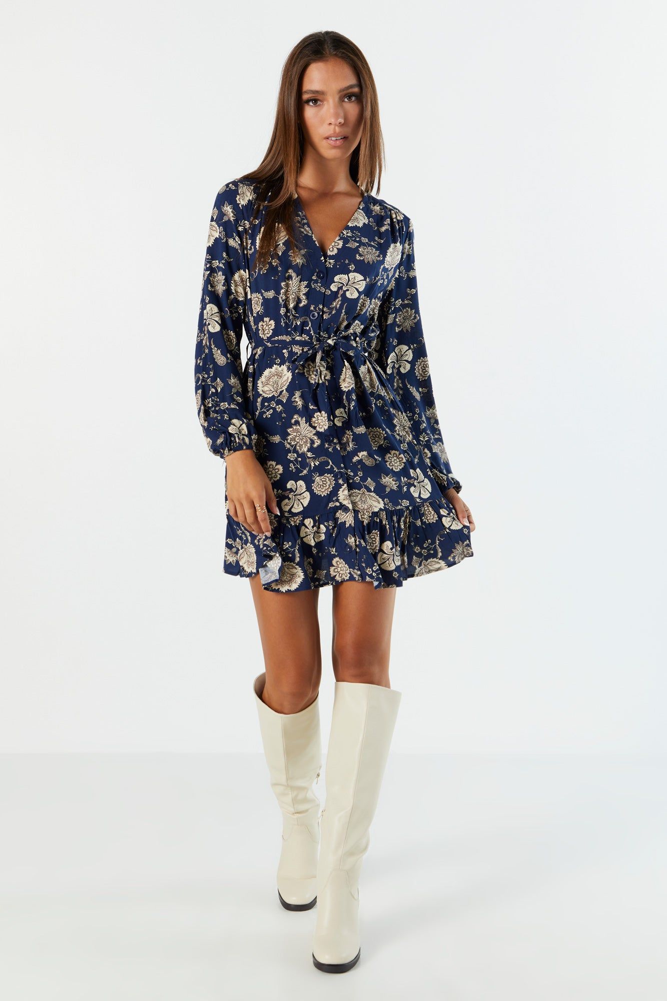Blue Floral Belted Long Sleeve Mini Dress sold by Urban Planet product image thumbnail 3