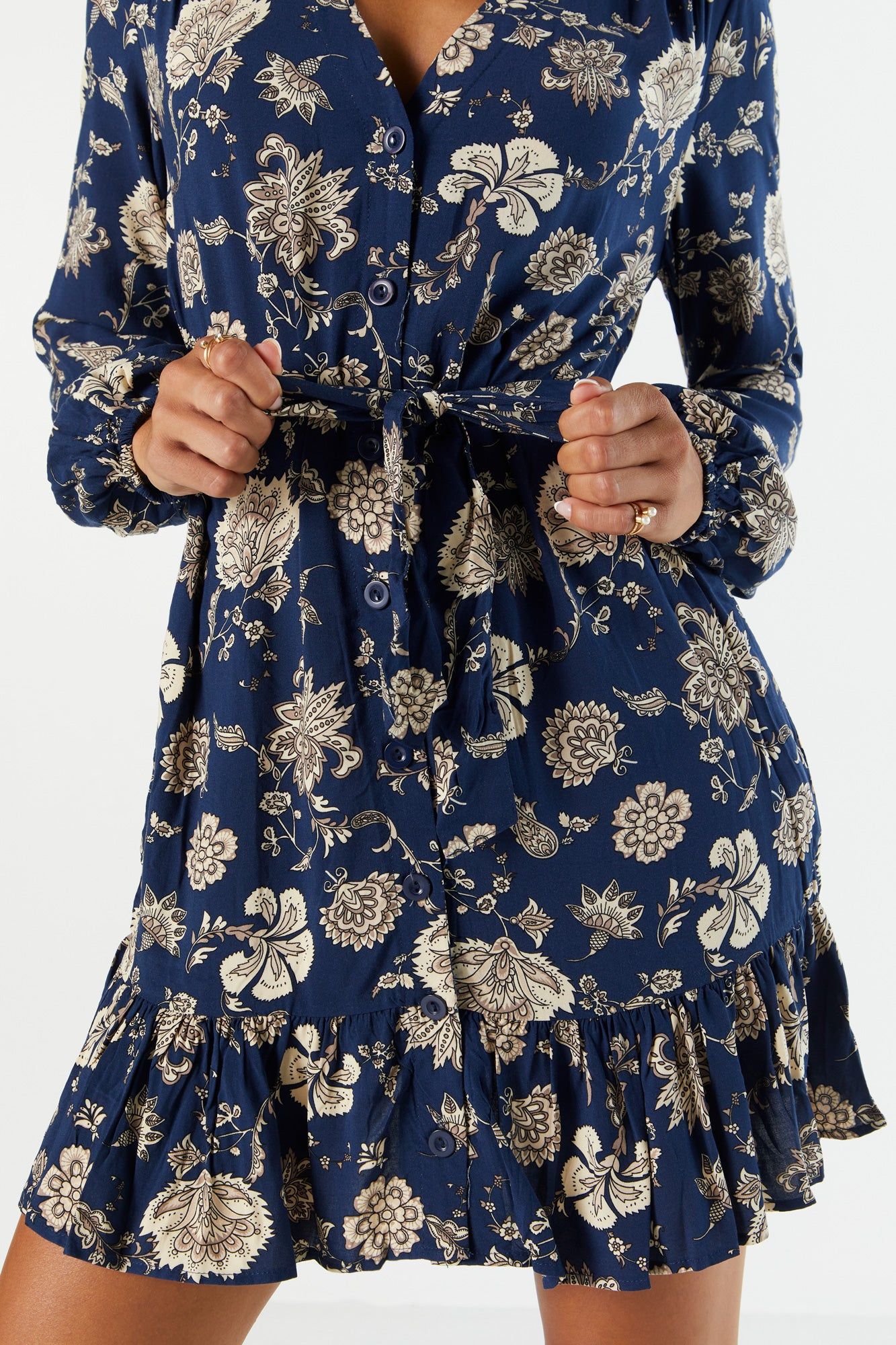 Blue Floral Belted Long Sleeve Mini Dress sold by Urban Planet product image thumbnail 4