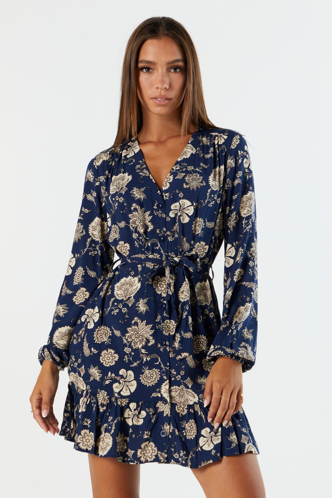 Blue Floral Belted Long Sleeve Mini Dress sold by Urban Planet