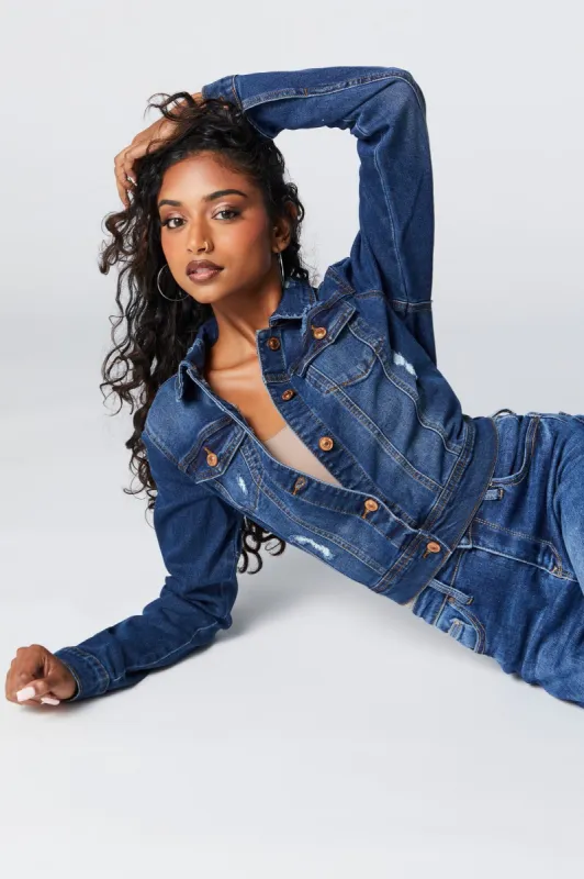 Blouson en denim d'aspect usé délavé foncé sold by Urban Planet