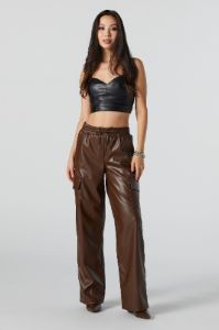 Faux Leather Brown Wide Leg Cargo Pant sold by Urban Planet
