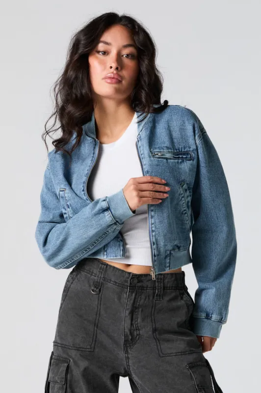 Denim Cropped Bomber Jacket sold by Urban Planet