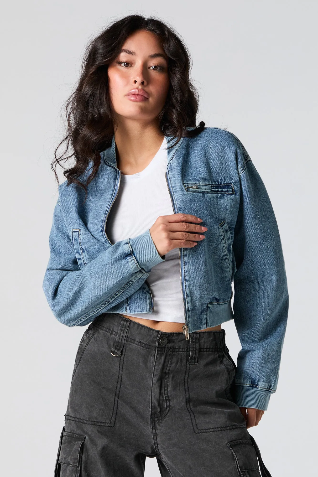 Denim Cropped Bomber Jacket sold by Urban Planet