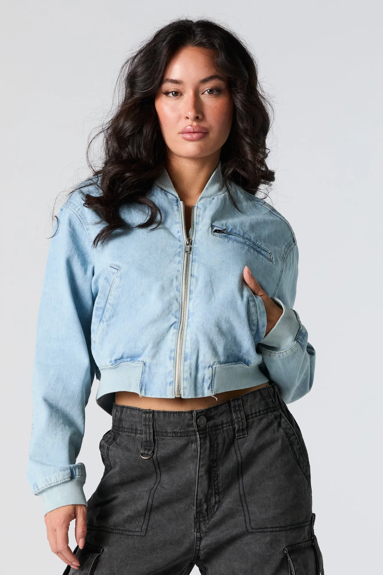 Denim Cropped Bomber Jacket sold by Urban Planet product image thumbnail 4