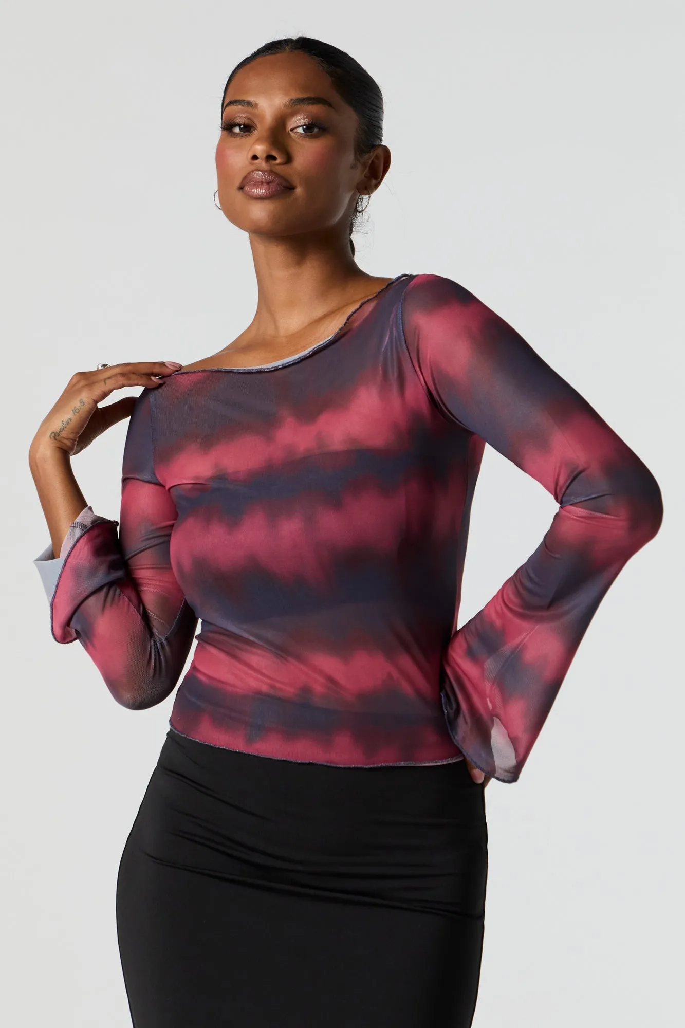 Red Mesh Bell Sleeve Top sold by Urban Planet