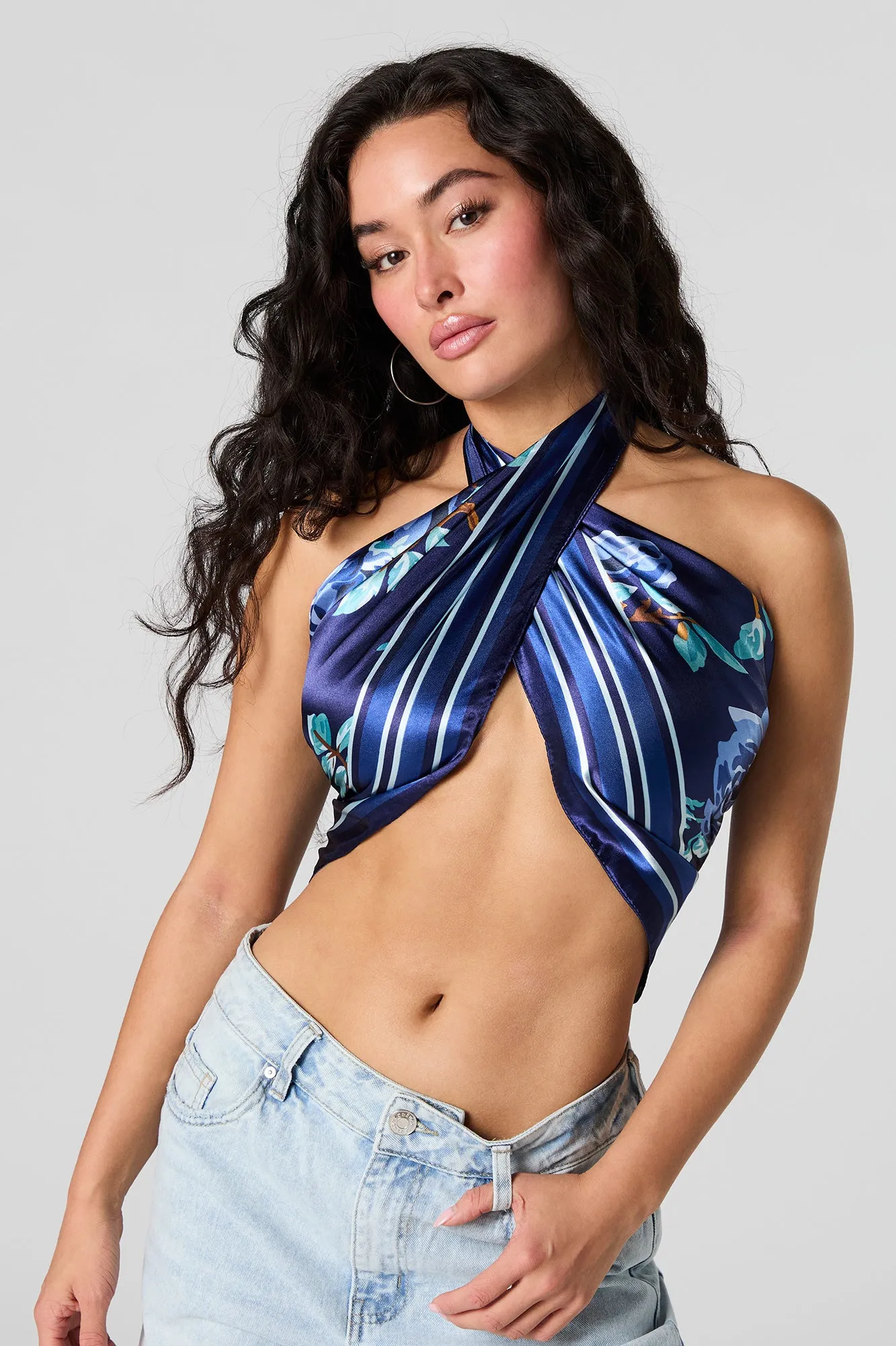 Blue Rose Print Satin Multiway Scarf sold by Urban Planet