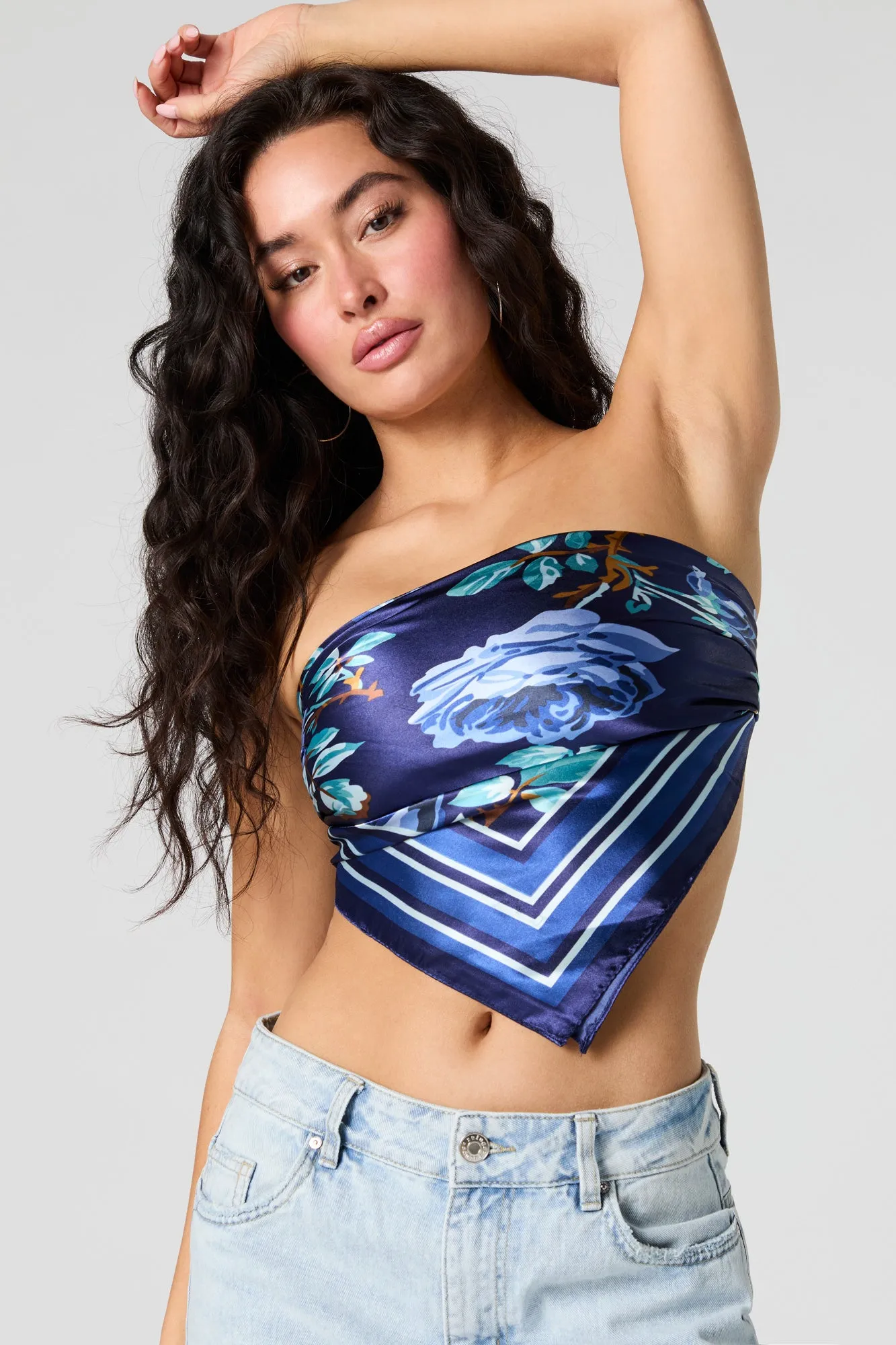 Blue Rose Print Satin Multiway Scarf sold by Urban Planet product image thumbnail 3