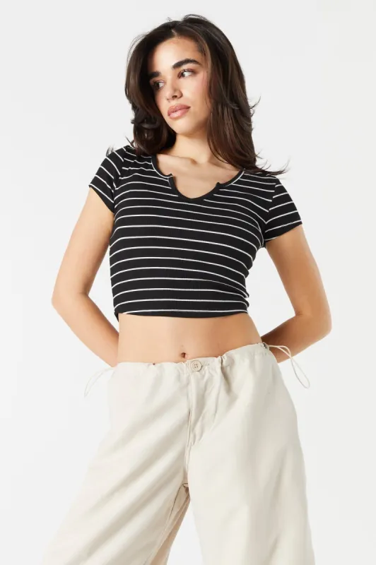 Striped Ribbed Notched Cropped T-Shirt sold by Urban Planet