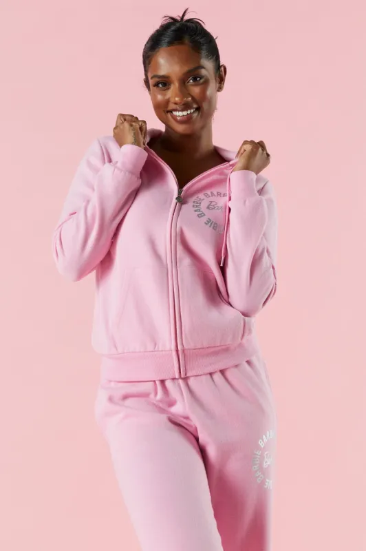 Haut à capuchon en molleton avec logo Barbie™ et fermeture à glissière sold by Urban Planet