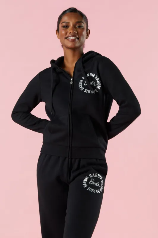 Haut à capuchon en molleton avec logo Barbie™ et fermeture à glissière sold by Urban Planet