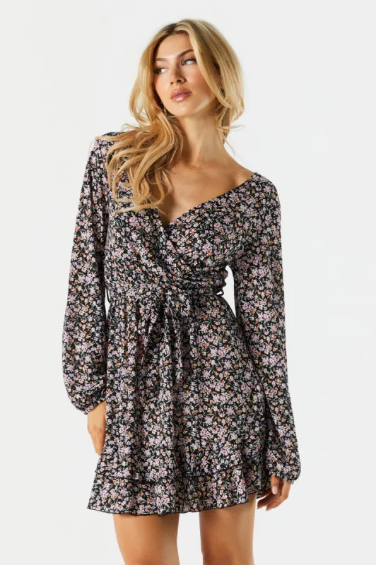 Black Floral Tiered Wrap Dress sold by Urban Planet