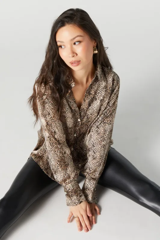 Snakeskin Satin Button-Up Long Sleeve Top sold by Urban Planet