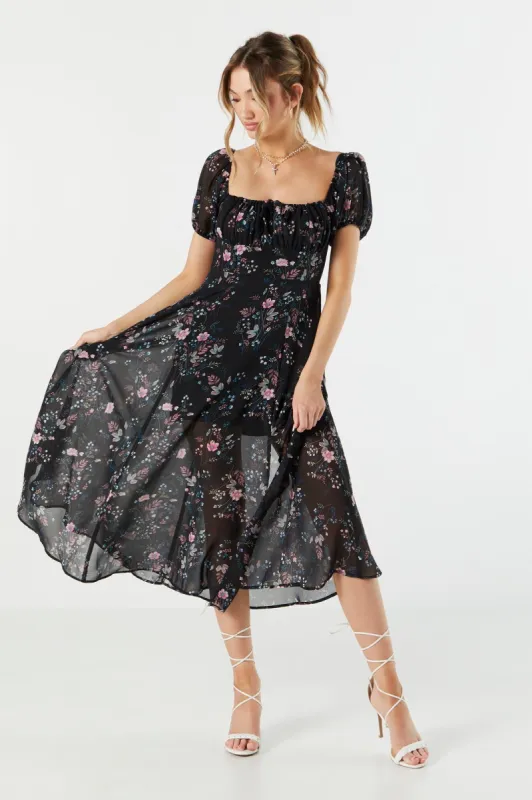 Black Floral Chiffon Milkmaid Midi Dress sold by Urban Planet